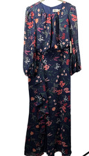 Eliza J Women's Maxi Dress Sz 14 Red Blue Floral Chiffon Lined Puff Sleeves Zip