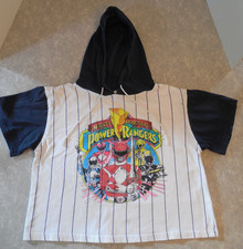 VINTAGE MIGHTY MORPHIN POWER RANGERS HOODED STRIPED T-SHIRT, SIZE YOUTH 9-10