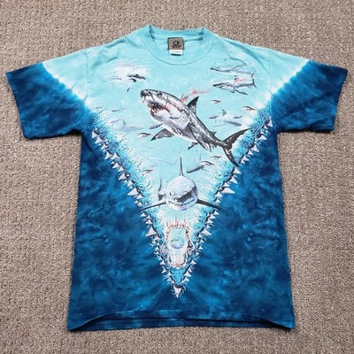 Vintage Liquid Blue T-Shirt Mens Medium Great White Sharks Tie Dye 1997 90s Y2k
