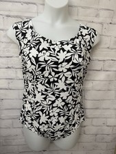 Lands' End 18 Cap Sleeve Tummy Control X Back One Piece Swimsuit Black Floral