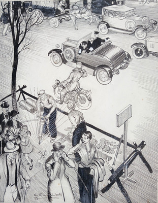 ARTHUR WATT 1883-1935 GANZSEITIGE CARTOON FÜR PUNCH NOISY MOTORBIKE & NOISY ROAD