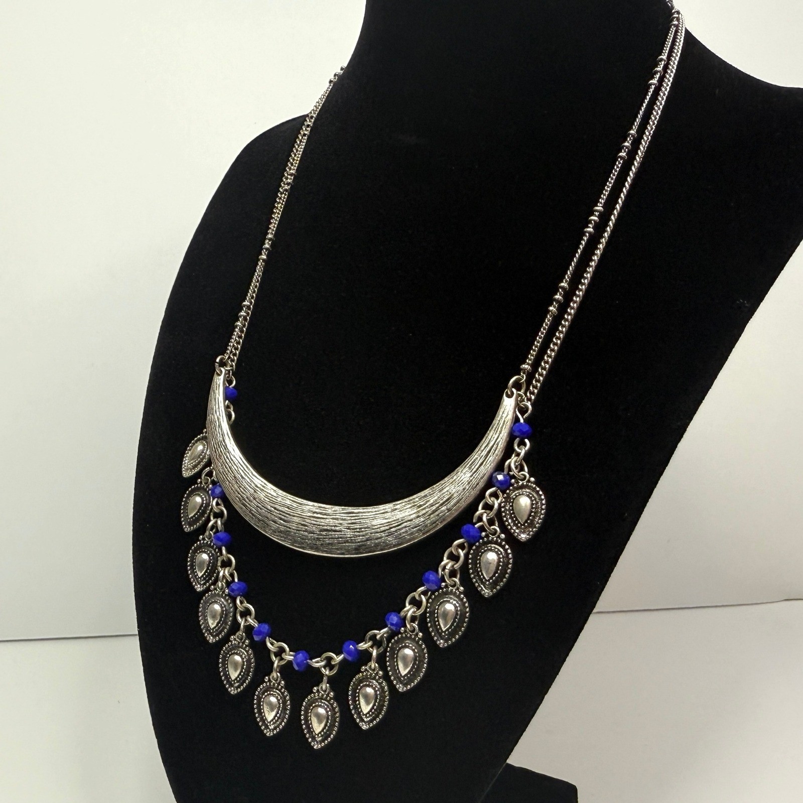 Crescent Charm Statement Bib Necklace Silver Tone… - image 3