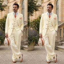 Pale Yellow Linen Men's Suits Three Piece Summer Wedding Party Outfit Vacation