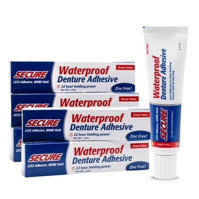 Waterproof Denture Adhesive - Zinc Free, Extra Strong Hold, 1.4 oz (Pack of 5)