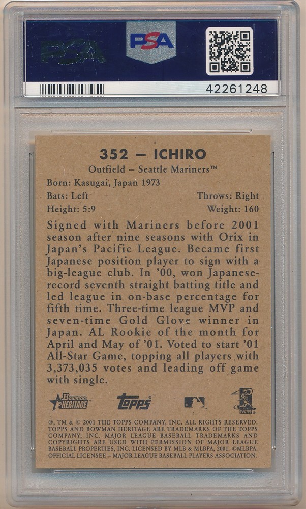ICHIRO SUZUKI 2001 BOWMAN HERITAGE #352 ROOKIE SEATTLE MARINERS PSA 10 GEM MINT view 2
