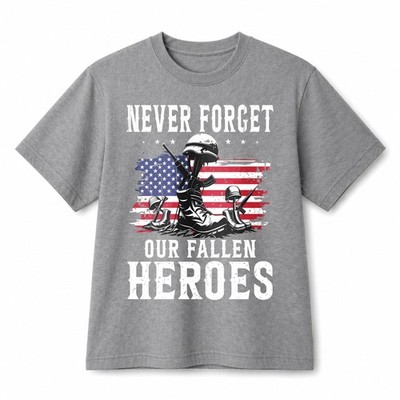 Never Forget Our Fallen Heroes Memorial Patriotic Retro Graphic Cotton T-Shirt