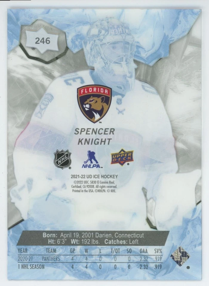 2021-22 UPPER DECK ICE Spencer Knight ICE PREMIERES RC ROOKIE LEVEL 1 /99 - Image 2 of 2