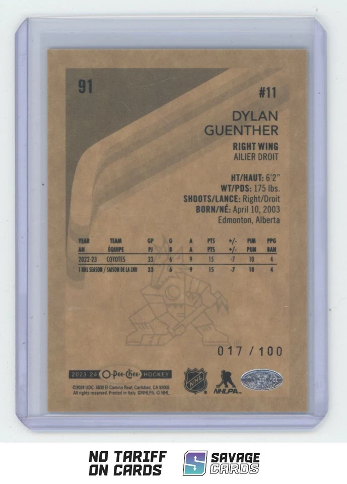 2023-24 O-Pee-Chee Retro Black Border Dylan Guenther /100 #91 Arizona Coyotes - Image 2 of 3