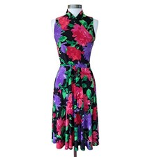 Ralph LAUREN Floral Jersey Fit & Flare Dress Small Sleeveless Black Pink Purple