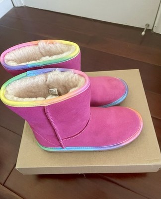 UGG Kids Classic Short II Rainbow Suede Boots Pink US 5 EU 35 UK 4