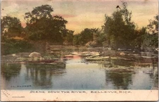 Hand Colored Postcard Scene Down The River in Bellevue, Michigan