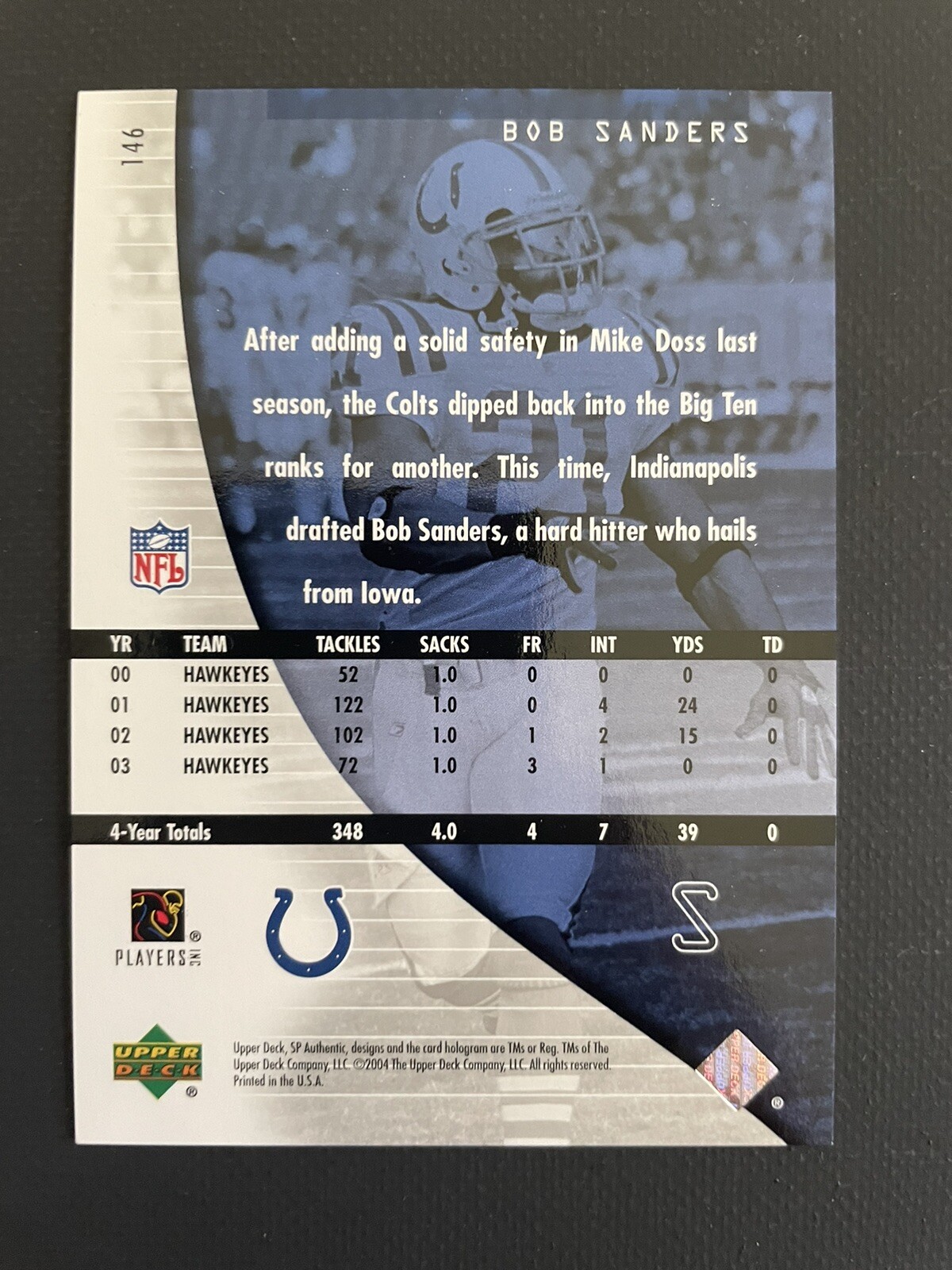 2004 SP Authentic Rookie Authentics 146 Bob Sanders /1199 RC Card Colts Iowa eBay