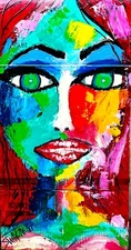COLORFUL FEMALE PAINTING upcycle CB 23 x 12 original SWARTZMILLER DNA SIGNED ART