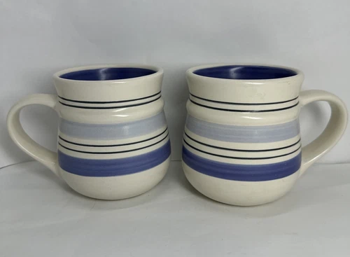 Pfaltzgraff Rio 12oz Coffee Cup Mugs Blue Stripes Bands Hand Painted Set Of 2