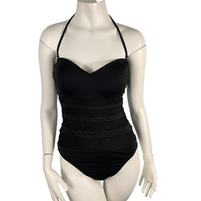 La Blanca Halter Sheer Striped Slimming One Piece Swimsuit Black Size 10