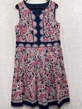 Talbots Sleeveless Pleated A Line Dress Women 14 Pink Blue Floral  Pockets NEW