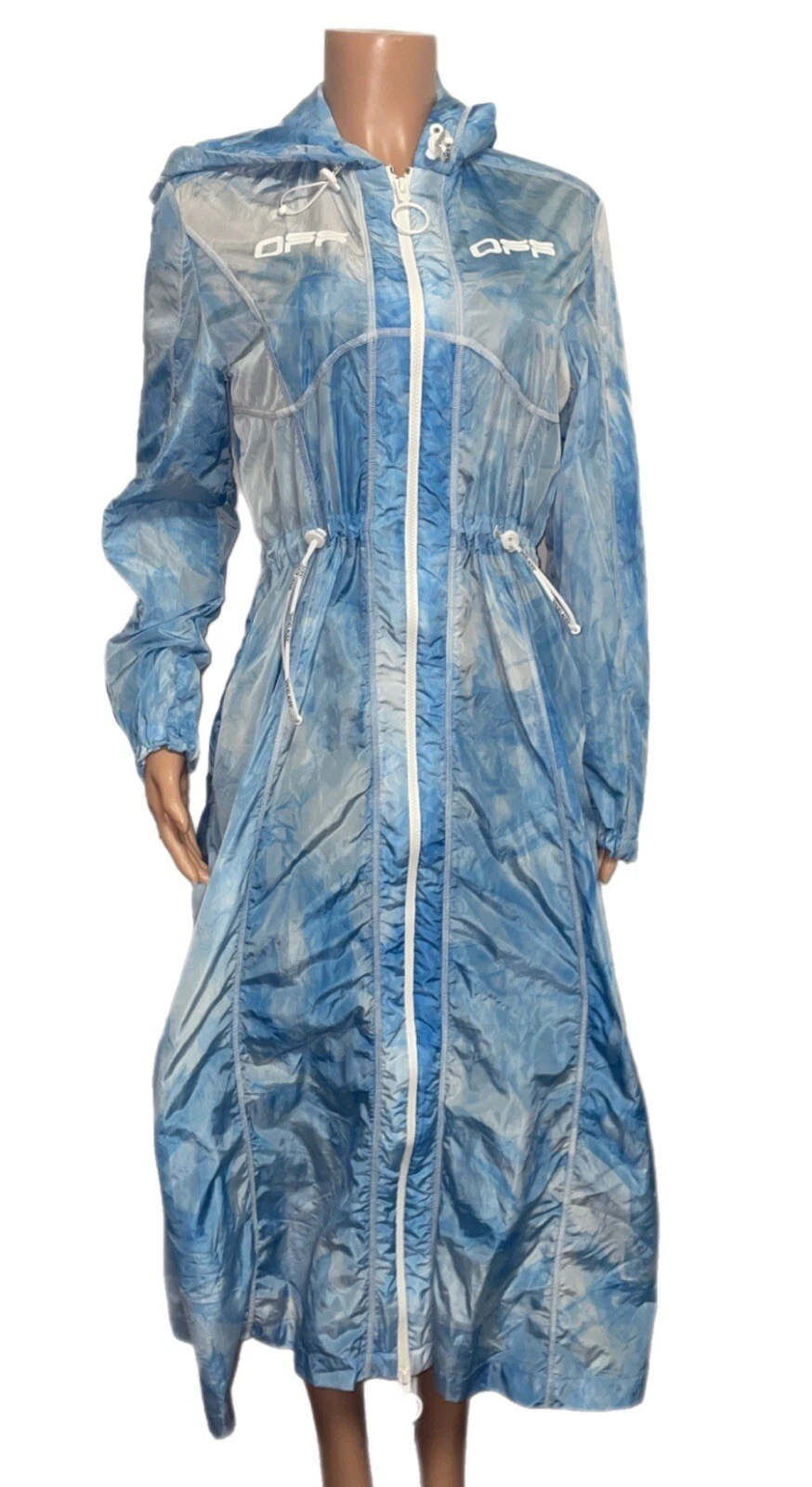 OFF WHITE Giacca impermeabile giacca antipioggia lungo cravatta blu tintura lunga 40 Kylie Techno