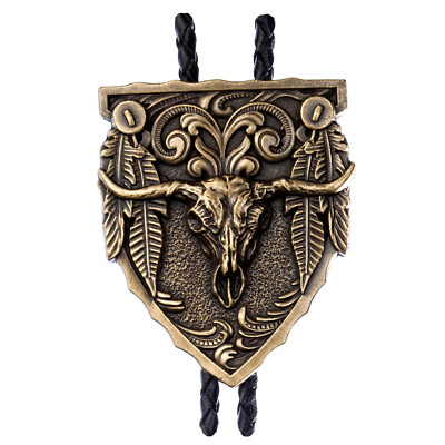 Western Bolo Tie, Longhorn Schädel, Indianer Feder, Messing, Cowboy Krawatte