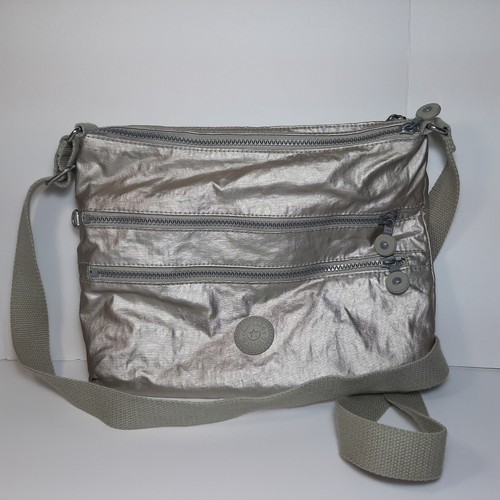 Kipling Alvar Nylon Crossbody Bag Adjustable Strap Zip Pockets Metalic