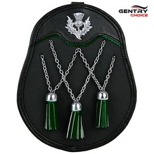 Scottish Leather Sporran with Thistle Mount, Silver Buff Chain, and Cross Design