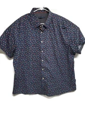 Stone Rose Button Collar Shirt Blue Floral Skull Tech Men's 2XL