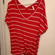 MTS Red Stripe V Neck Cap Sleeve Tied At Waist Soft Light Shirt