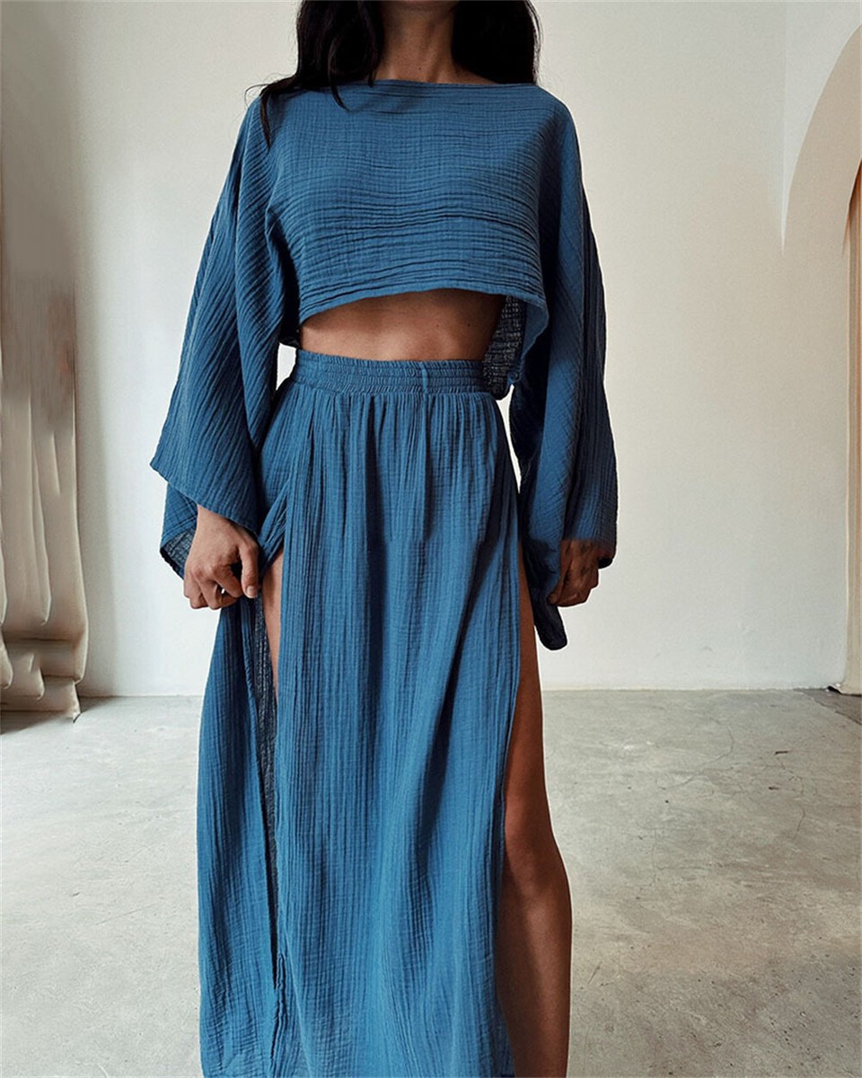 Women's Summer Piece Casual Linen Outfit Long Sleeve Crop Top Maxi Skirt  Set