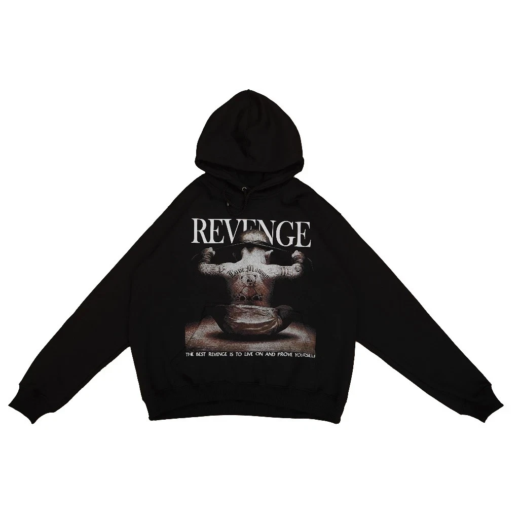 Unisex Hoodie Revenge Graphic Print Black Oversized Pullover Cotton Fleece L, XL