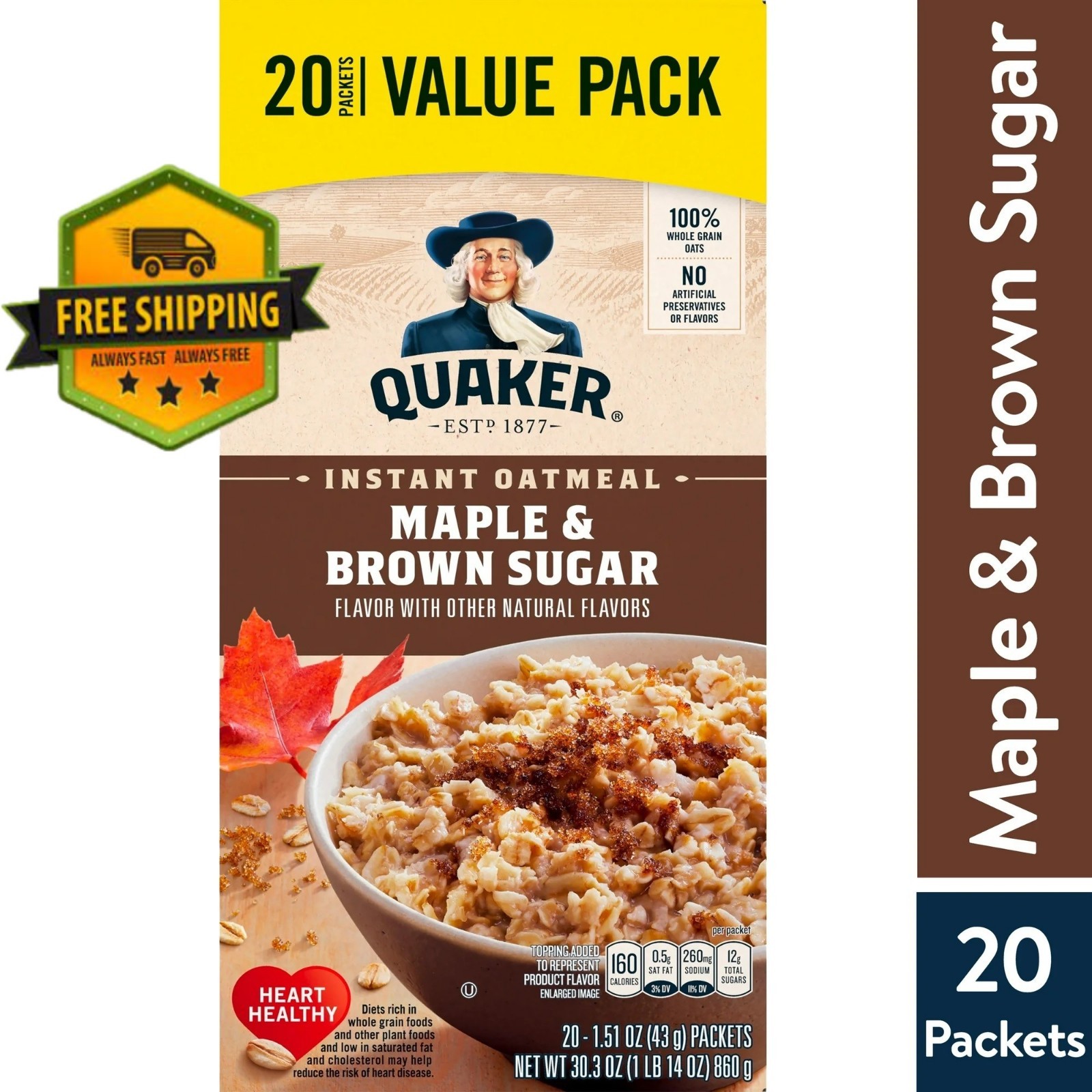 Quaker Maple & Brown Sugar Instant Oatmeal, 1.51 oz, Pack of 20 Packets
