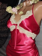 VTG SATIN RED PINCH PLEAT FRILLY BOW SHINY RED TAN LACE BABYDOLL PIN UP GLAM 34