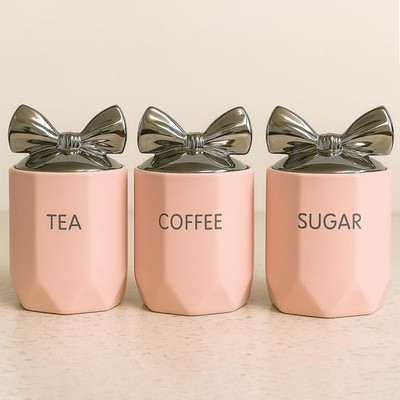 Tee Kaffee Zucker Vorratsgläser Silber Schleife Deckel Keramik Küche Behälter Kanister
