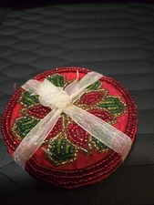Poinsettia Coaster. Set Of 4 4" Beaded, Handmade With Cotton/ Poly Backing.