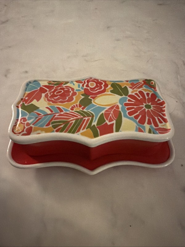 Biscuit Ceramic Covered Butter Dish w/ Lid & Tray, Red Floral Anthropologie