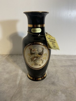 Vintage The Art of Chokin 24KT Gold Trimmed Black Vase Japan Peacocks 8'' COA Tag