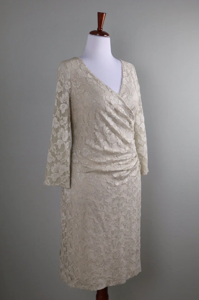 Vestido de Noche LAUREN RALPH LAUREN $129 Elastizado Beige Encaje Forrado Talla 16 Foto 3 de 4