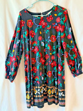 Loft Shift Dress Medium Black Red Roses Floral Print Long Sleeve Bohemian Chic