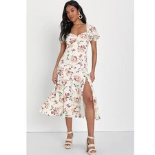 Lulus Parisian Picnic Cream Floral Jacquard Puff Sleeve Midi Dress Size Medium