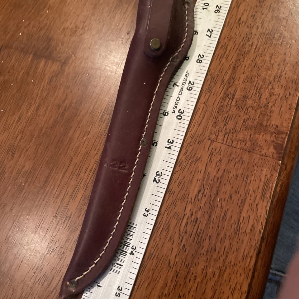 BUCK USA 122 木柄厕所钓鱼刀带原装皮革鞘 11 罕见 — 第 4/4 张图片