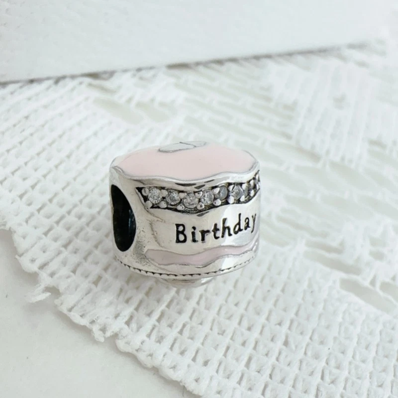 Pulsera Pandor Plata 925 FELIZ CUMPLEAÑOS Pastel Mezcla Esmalte Dije Cuentas Ajuste Foto 3 de 4