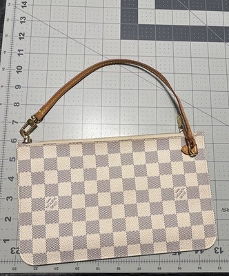 Authentic Louis Vuitton Damier Azur Neverfull Pochette Wristlet + Chain Strap