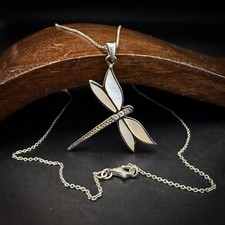 Mother of Pearl Dragonfly Pendant Necklace in 925 Sterling Silver with CZ