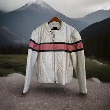 Vintage Women's Leather Motorcycle Jacket White & Pink Size XL