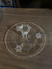 Antique Etched Flowers Maganese Glass Tidbit  App Cheese Tray Center Handle
