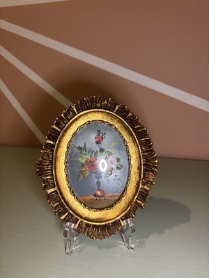 Vintage verziertes vergoldetes gerahmtes Blumen Ölgemälde Glaskunst Unikat Galerie Wand