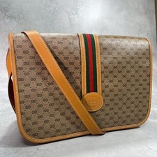 GUCCI 001.904.0915 GG Sherry Line Shoulder Bag Brown Beige Leather Logo