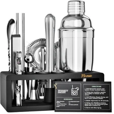 Mixology Bartender Kit with Stand - 15 Piece Bar Tool Set, Silver Bar Set Coc...