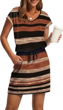 Womens V Neck T Shirt Casual Mini Tie Waist Sundress with Pockets Summer Dress