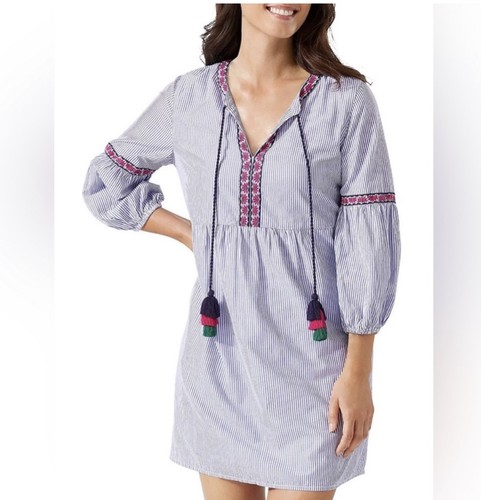 Tommy Bahama, Tommy Bahama Blue/White Striped Shift Dress V-Neck 3/4 Embroidered Tassel M