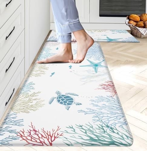 Coastal Anti-Fatigue Beach Kitchen Rugs Set of 2, 17.3x28 & 17.3x47 Inch