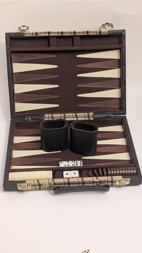 Vintage Plaid Stoff/Kunstleder Backgammon Set 11×8×2